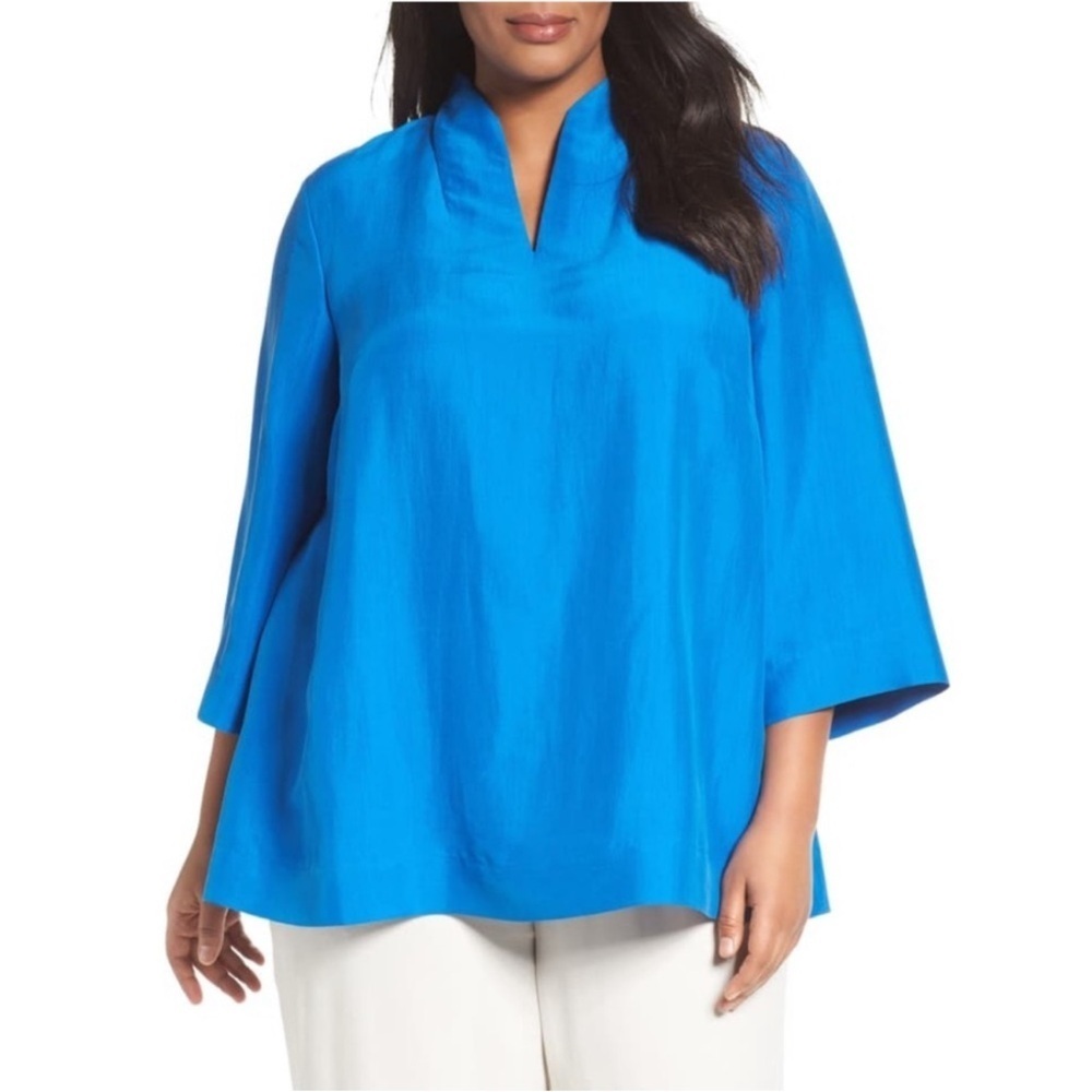 Eileen Fisher Silk Dupioni High Collar Top Catalina Blue VNeck Long Sleeve - Picture 3 of 12
